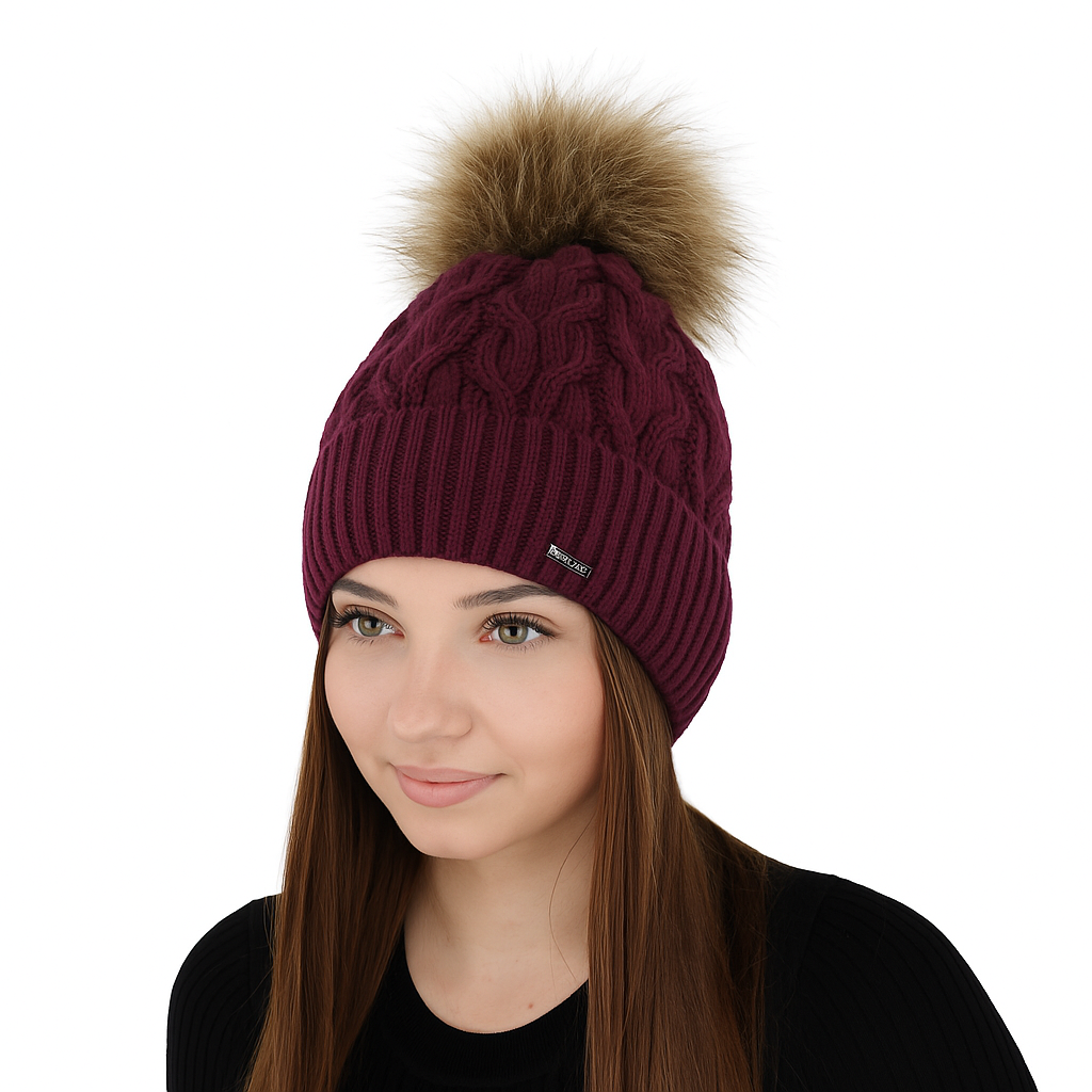 DEVA-Berretto Donna Invernale con pompon in pelliccia ecologica e fodera in pile.
