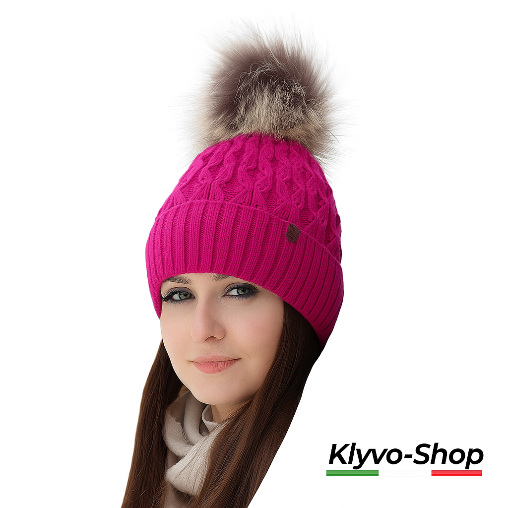 KATTY - Berretto Donna invernale con pompon in pelliccia ecologica e fodera in pile.