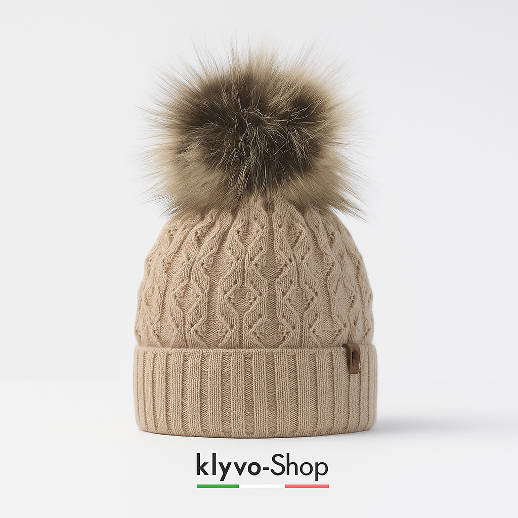 KATTY - Berretto Donna invernale con pompon in pelliccia ecologica e fodera in pile.