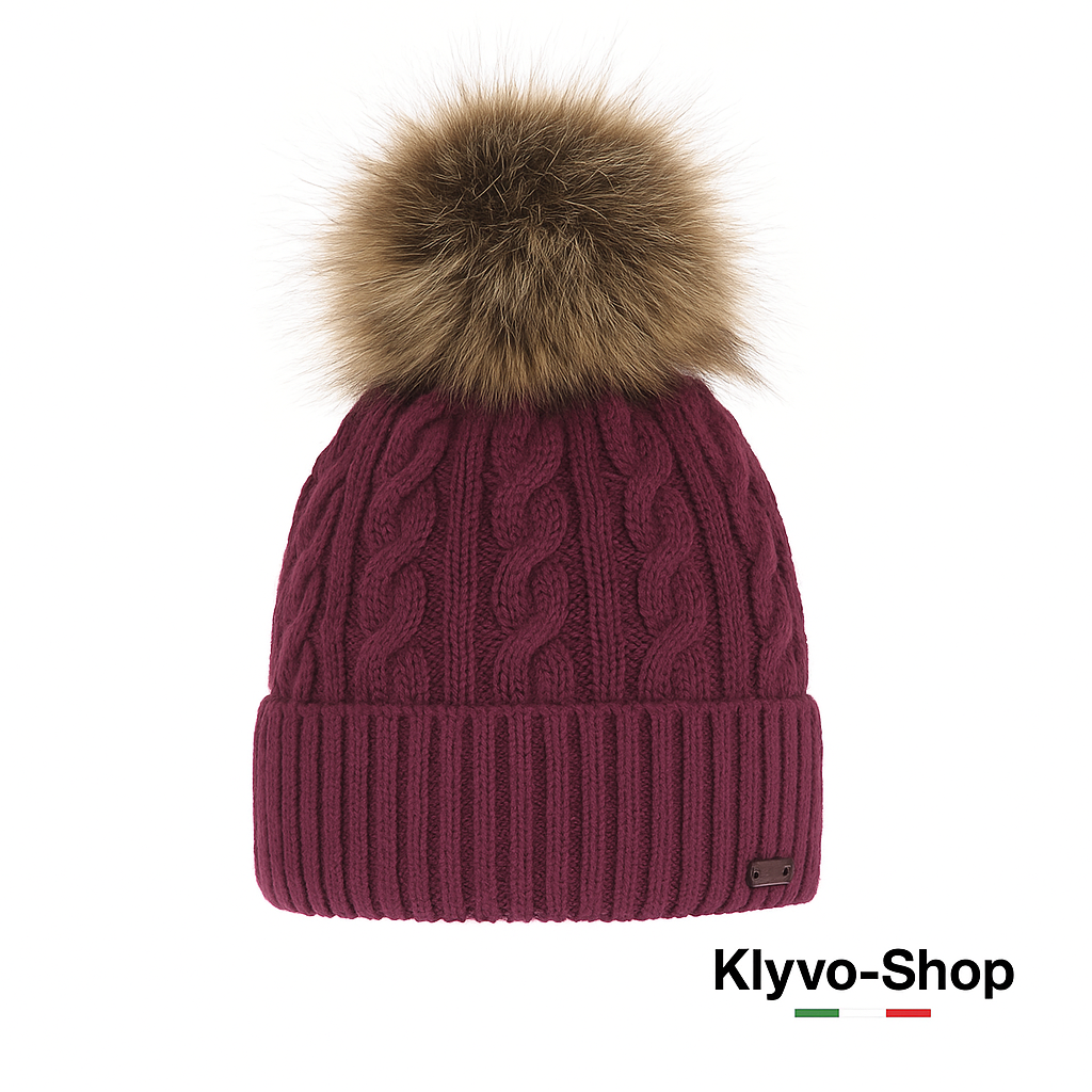 DEVA-Berretto Donna Invernale con pompon in pelliccia ecologica e fodera in pile.