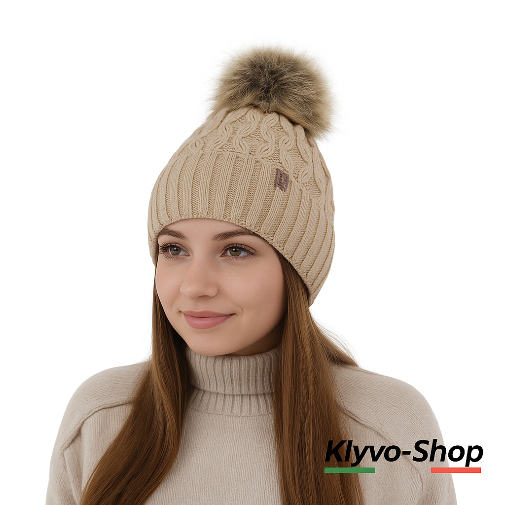 KATTY - Berretto Donna invernale con pompon in pelliccia ecologica e fodera in pile.