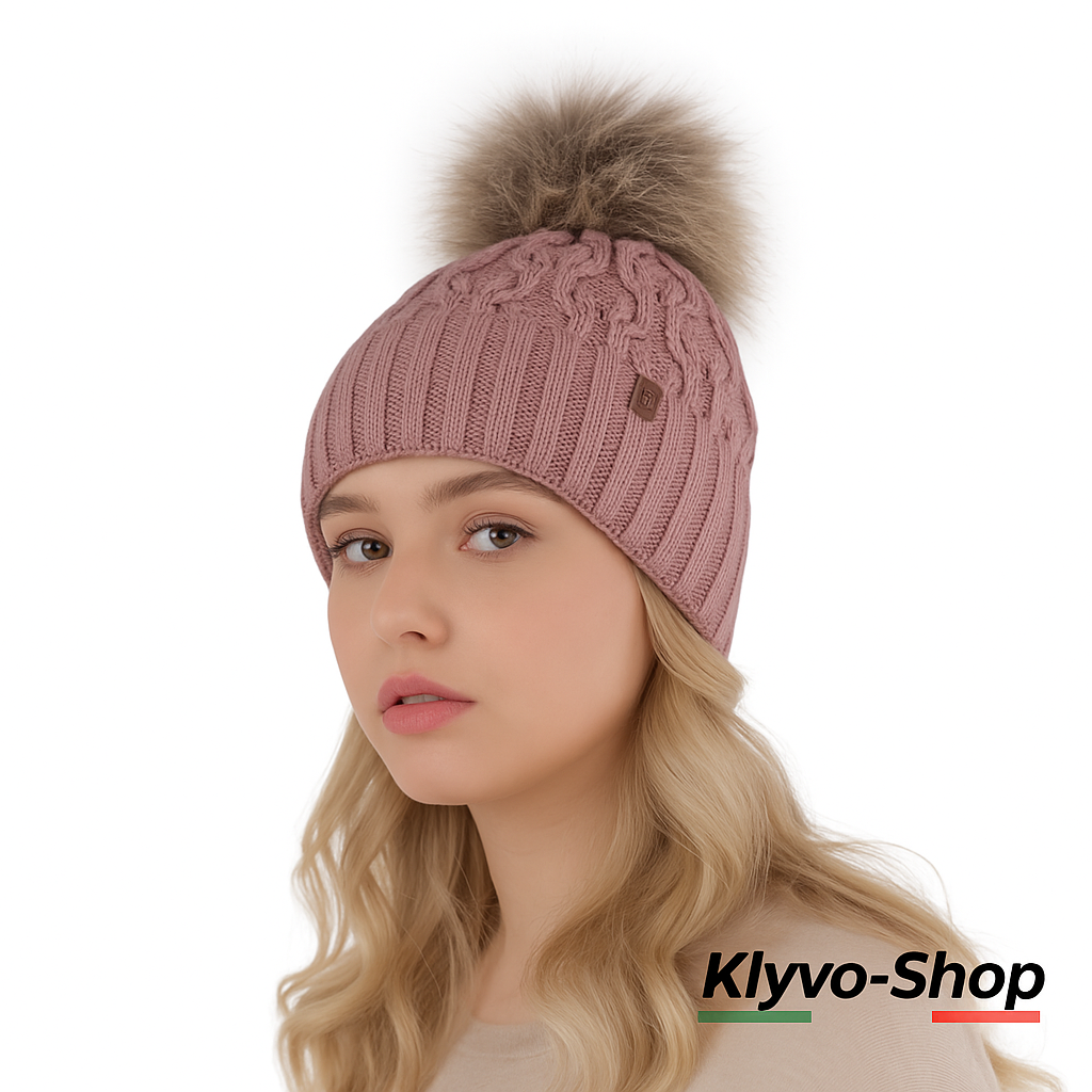 KATTY - Berretto Donna invernale con pompon in pelliccia ecologica e fodera in pile.