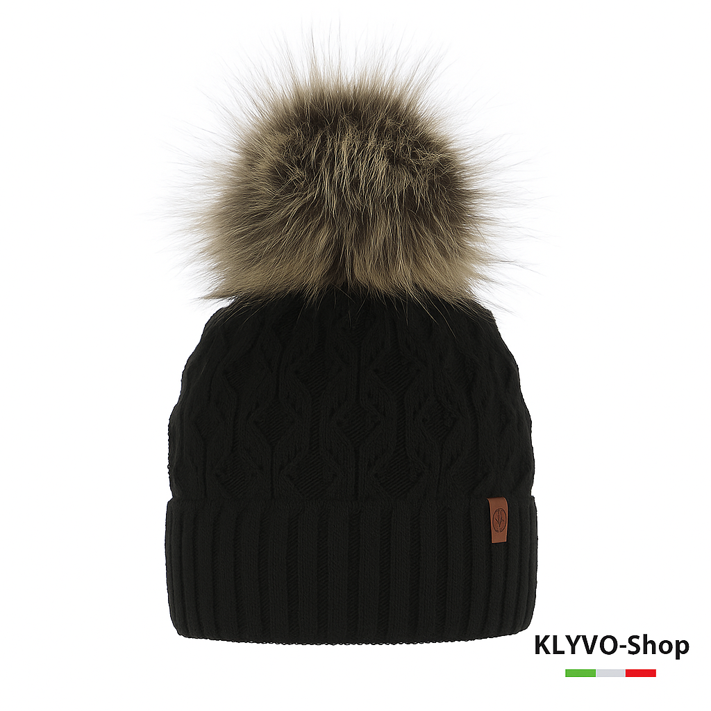 KATTY - Berretto Donna invernale con pompon in pelliccia ecologica e fodera in pile.