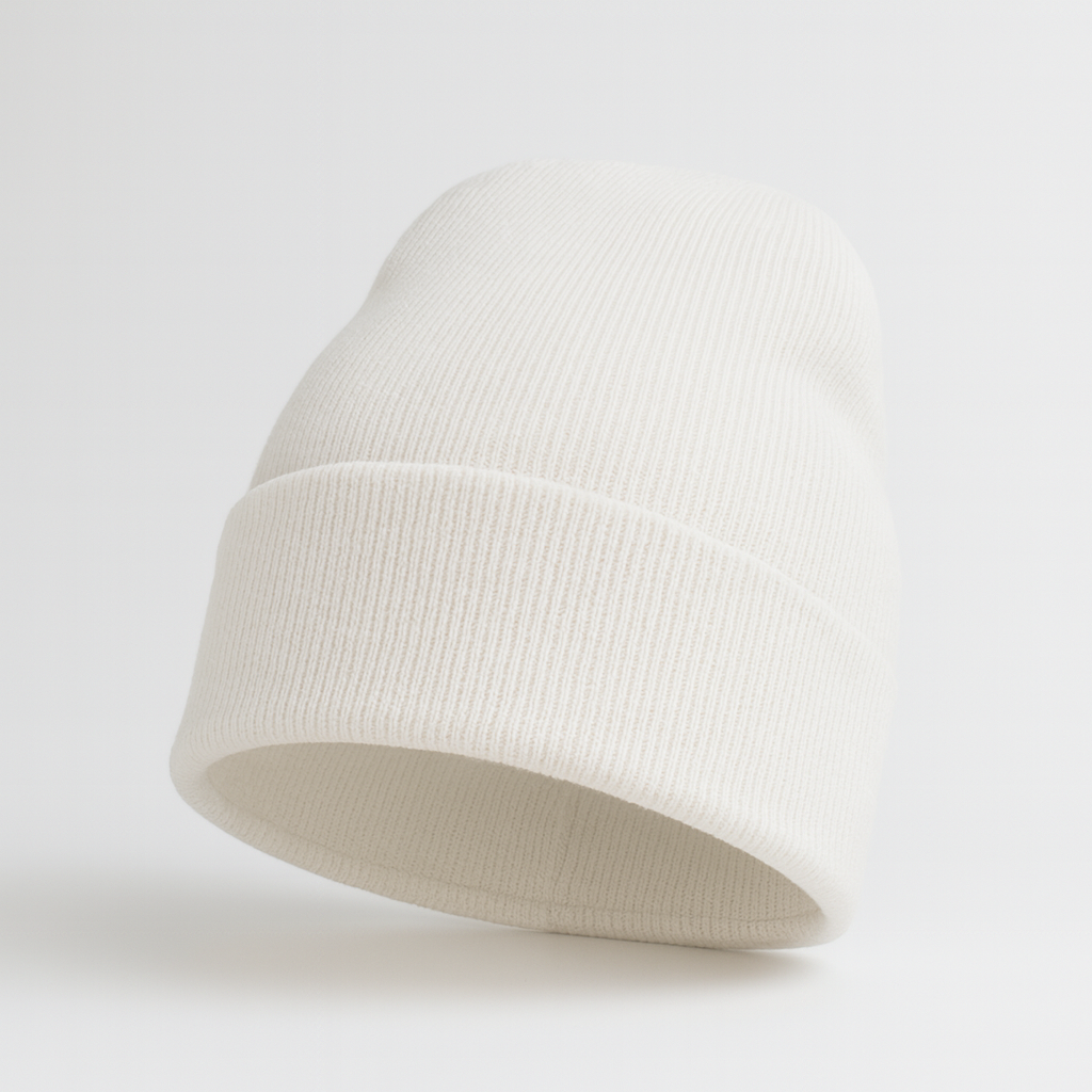 Gorro de invierno para hombre 100 % acrílico – blanco, doble tejido, sin pompón.